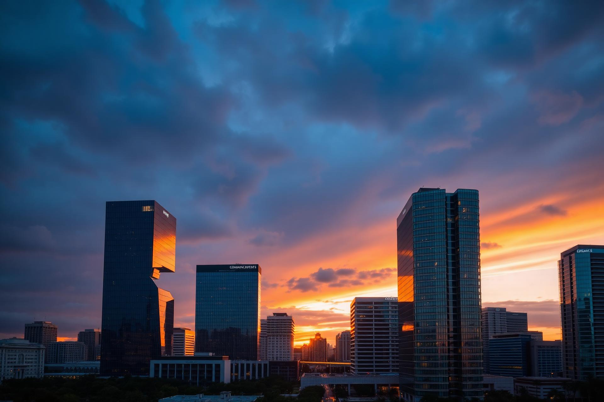 US financial district skyline at golden hour