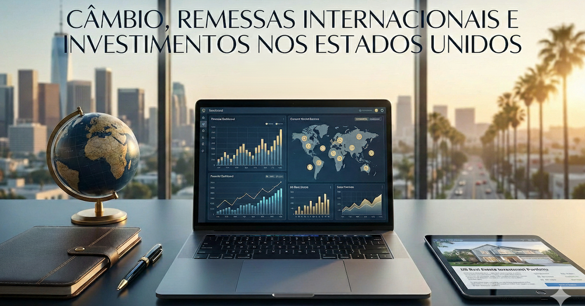 Executivos analisando investimentos internacionais e estratégias de governança para câmbio, remessas e real estate nos Estados Unidos