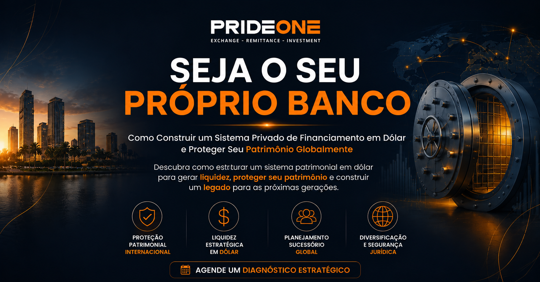 Banner da Pride One sobre o conceito Becoming Your Own Banker e Sistema Privado de Financiamento em Dólar para proteção patrimonial, liquidez estratégica e planejamento sucessório global.